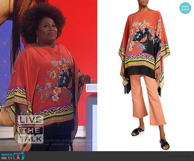 Etro Fringed Floral Fern Collage Poncho worn by Sheryl Underwood on The Talk
