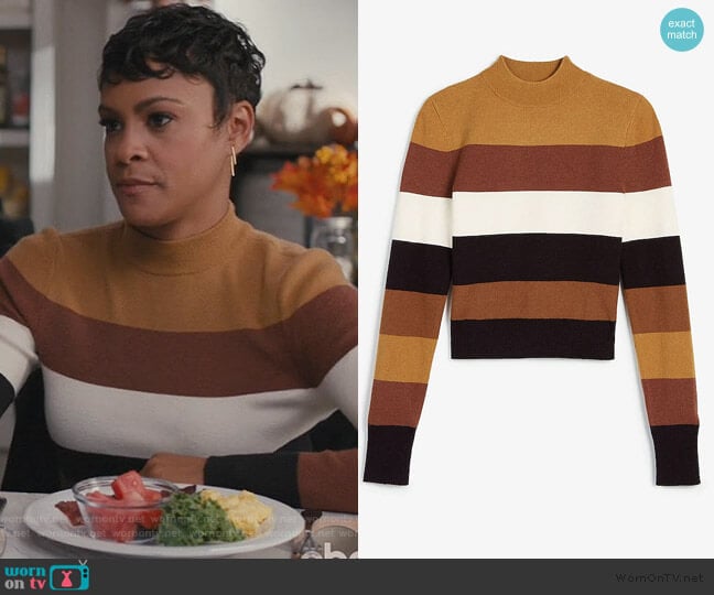 Express Negin Mirsalehi Striped Mock Neck Sweater worn by Angela (Carly Hughes
) on American Housewife