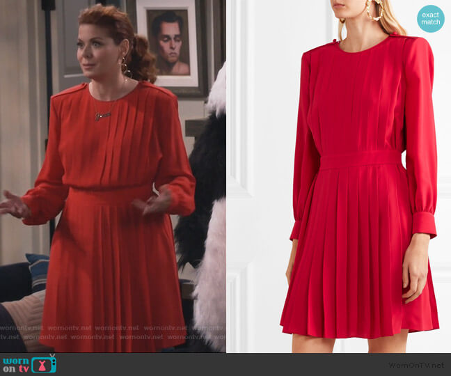 Fendi Pleated Crepe De Chine Dress worn by Grace Adler (Debra Messing) on Will and Grace