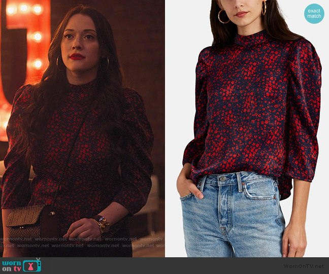 FiveSeventyFive Floral Satin Puff-Shoulder Blouse worn by Jules Wiley (Kat Dennings) on Dollface