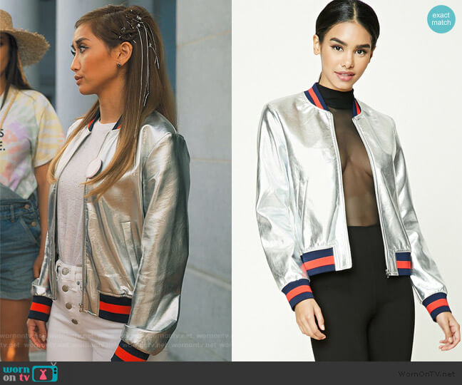 Forever 21 Metallic Bomber Jacket worn by Izzy Levine (Esther Povitsky) on Dollface