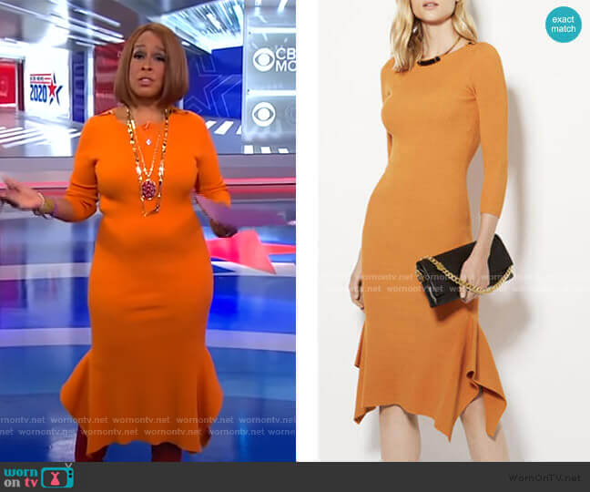 Karen Millen Frill Hem Knitted Midi Dress worn by Gayle King on CBS Mornings
