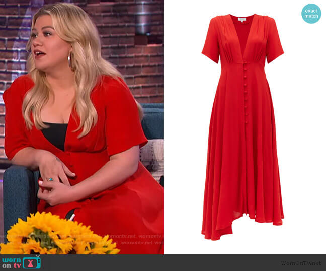 Gioia Bini Carolina V-neck crepe midi dress worn by Kelly Clarkson on The Kelly Clarkson Show