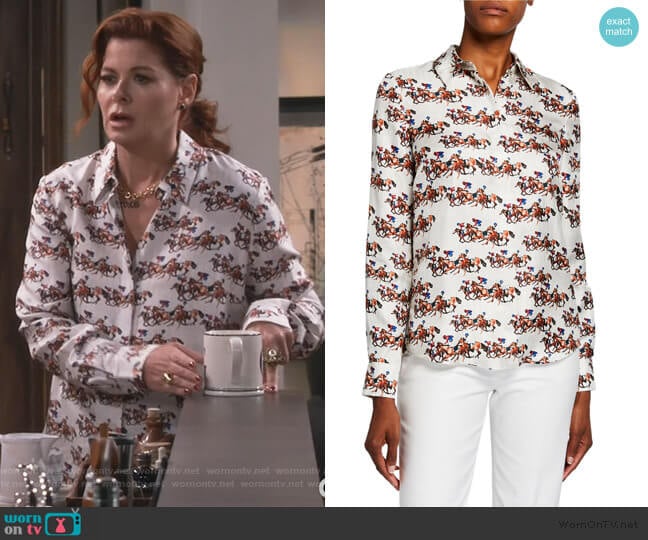 Gabriela Hearst Henri Horse Race Print Silk Shirt worn by Grace Adler (Debra Messing) on Will and Grace