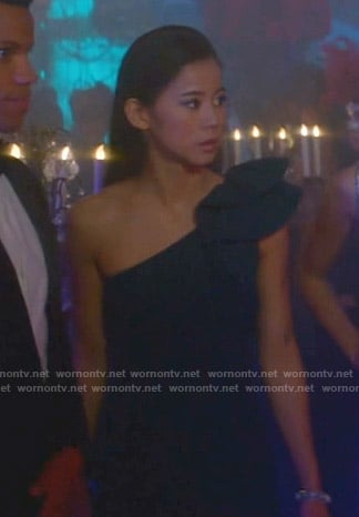 George’s green one-shoulder dress on Nancy Drew