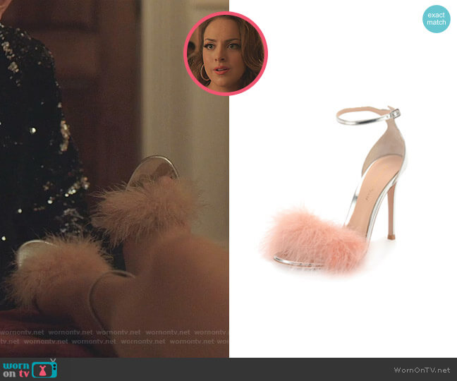 Gianvito Rossi Marabou Metallic Feather Sandals worn by Fallon Carrington (Elizabeth Gillies) on Dynasty