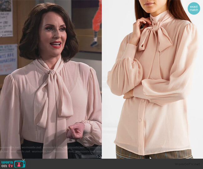 Givenchy Pussy-bow silk-crepon blouse worn by Karen Walker (Megan Mullally) on Will and Grace