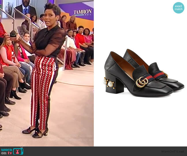 Gucci Black Pearl Hell 80 Leather Pumps worn by Tamron Hall on Tamron Hall Show