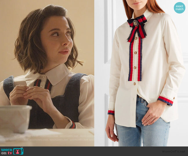 Gucci Embellished grosgrain-trimmed cotton-poplin shirt worn by Izzy Levine (Esther Povitsky) on Dollface