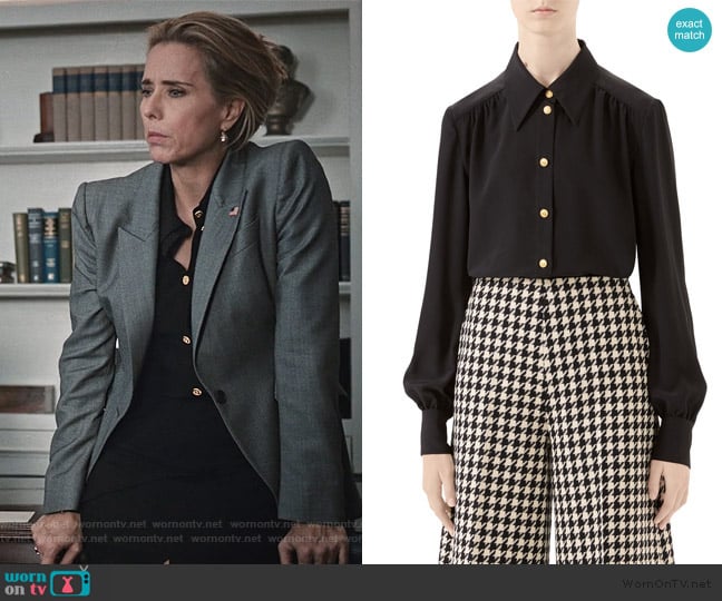 Gucci Silk Crepe de Chine Button-Front Blouse worn by Elizabeth McCord (Téa Leoni) on Madam Secretary