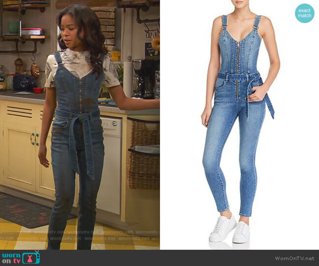 Guess Kaia Belted Denim Jumpsuit worn by Nia Baxter (Navia Robinson) on Ravens Home