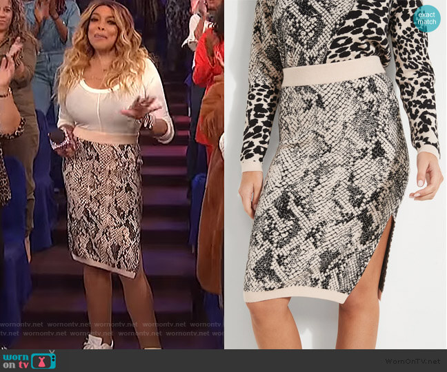 Guess Tamelia Animal Print Midi Skirt worn by Wendy Williams on The Wendy Williams Show