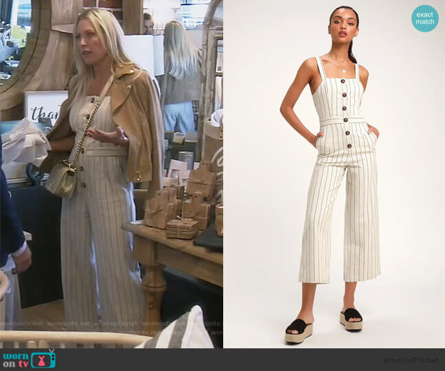 J.O.A Conley Beige Striped Button-Up Culotte Jumpsuit worn by Braunwyn Windham-Burke on The Real Housewives of Orange County