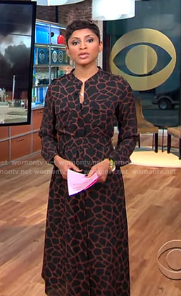 Jericka’s black giraffe print shirtdress on CBS This Morning