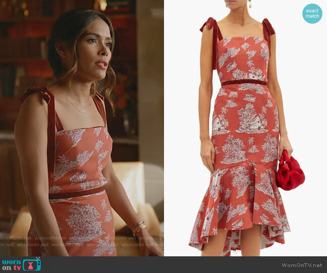 Johanna Ortiz Pueblo Printed Cotton-Blend Midi Sress worn by Cristal Jennings (Daniella Alonso) on Dynasty