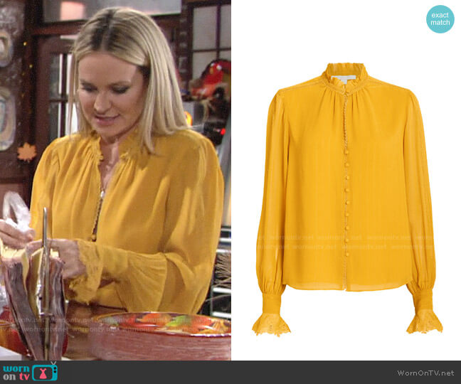 Jonathan Simkhai Silk Georgette Ruffled Blouse worn by Sharon Newman (Sharon Case) on The Young and the Restless