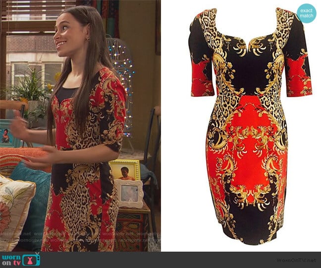 Just Cavalli Baroque Leopard Print Short Sleeve Sheath worn by Tess O'Malley (Sky Katz) on Ravens Home