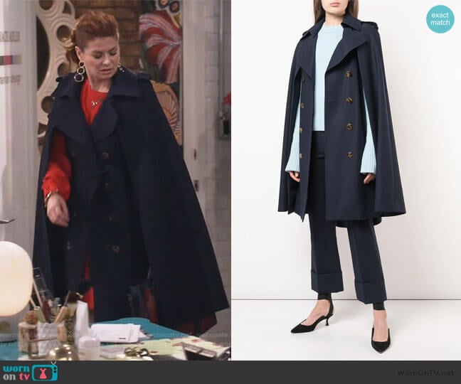 Khaite The Donna Trench Cape Coat worn by Grace Adler (Debra Messing) on Will and Grace
