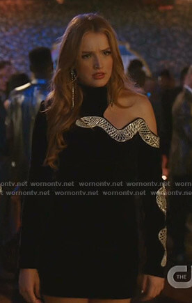 Kirby’s black snake embroidered cutout dress on Dynasty