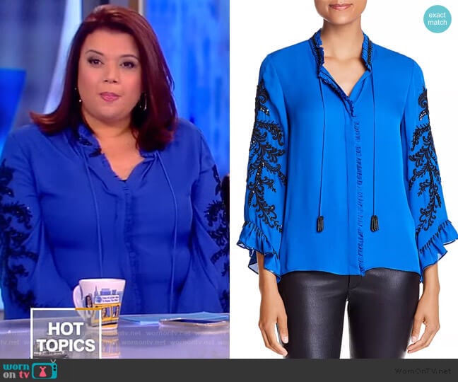Kobi Halperin Margo Embellished Tie-Neck Long-Sleeve Silk Blouse worn by Ana Navarro on The View