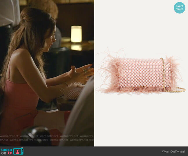 Loeffler Randall Mimi Feather-Trimmed Beaded Satin Shoulder Bag worn by Fallon Carrington (Elizabeth Gillies) on Dynasty
