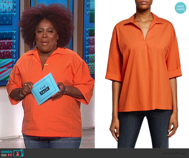 Lafayette 148 New York Nicole V-Neck 3/4-Sleeve Italian Stretch-Cotton Blouse worn by Sheryl Underwood on The Talk