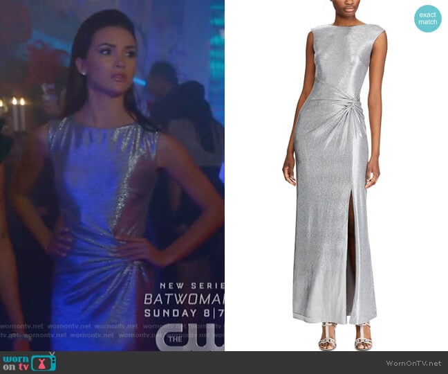 Lauren Ralph Lauren Metallic Sleeveless Side-Slit Gown worn by Bess (Maddison Jaizani) on Nancy Drew
