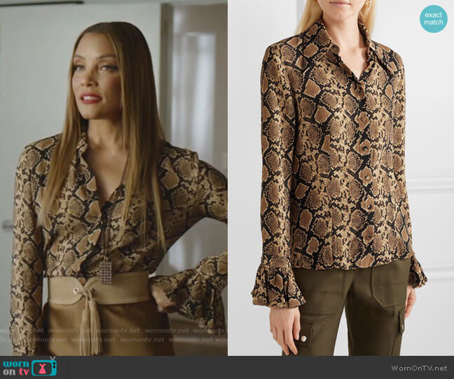 Michael Kors Snake-print crinkled silk-georgette blouse worn by Dominique Deveraux (Michael Michele) on Dynasty