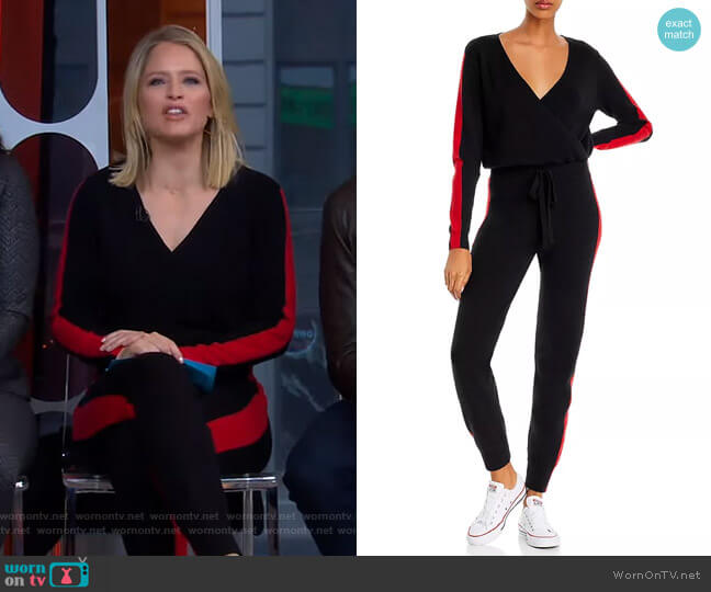 Madeleine Thompson x AQUA Track Stripe Jumpsuit worn by Sara Haines on Good Morning America