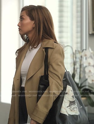Madison’s beige double breasted coat on Dollface