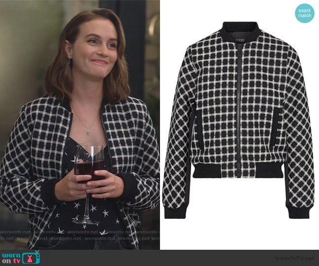 Maje Barc checked jacquard bomber jacket worn by Angie (Leighton Meester) on Single Parents