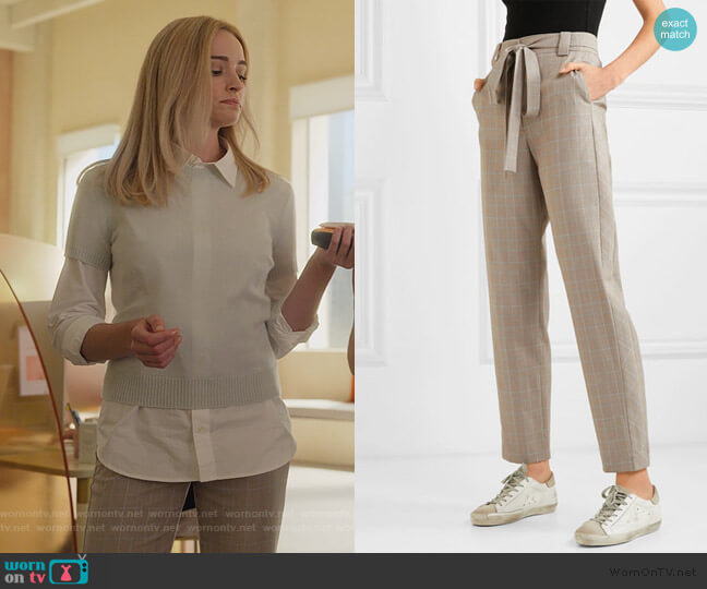 Maje Belted checked woven tapered pants worn by Alison B (Brianne Howey) on Dollface