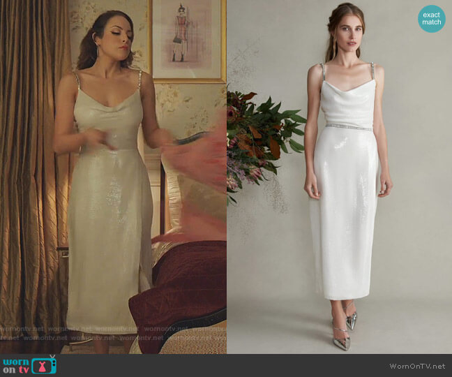 Markarian Venus Fitted Jeweled Cami Tea Length Dress worn by Fallon Carrington (Elizabeth Gillies) on Dynasty