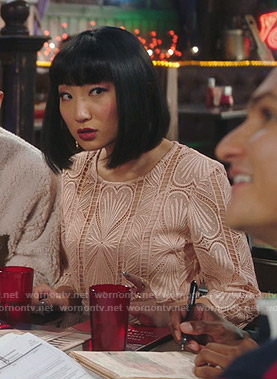 Mei’s pink guipure lace dress on Sunnyside
