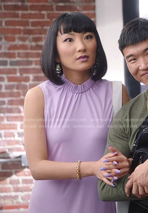 Mei’s purple smocked neck sleeveless dress on Sunnyside