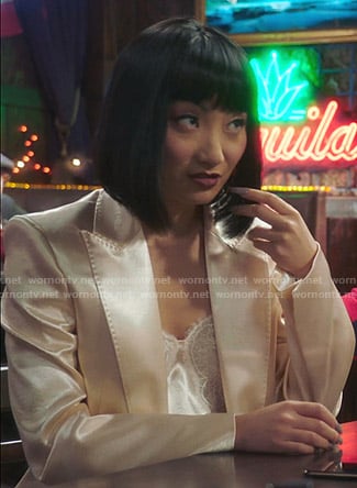 Mei’s satin blazer and lace-trim dress on Sunnyside