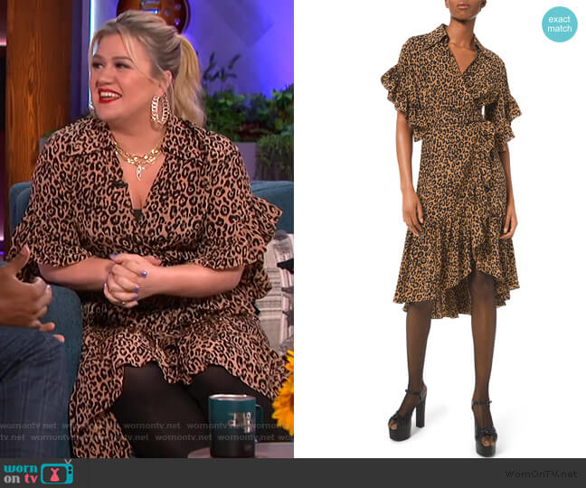 Michael Kors Collection Wrap-effect leopard-print silk crepe de chine dress worn by Kelly Clarkson on The Kelly Clarkson Show