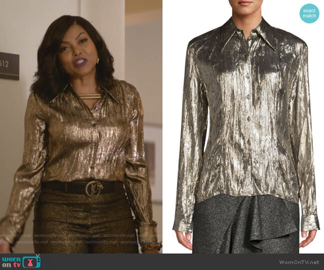 Michael Kors Collection Crushed Metallic Silk-Blend Button-Down Shirt worn by Cookie Lyon (Taraji P. Henson) on Empire