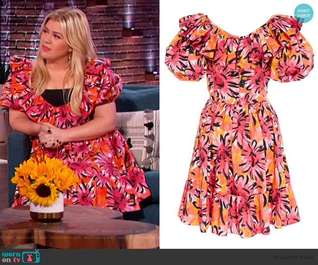 Michael Kors V-Neck Puff Sleeve Cotton Dress worn by Kelly Clarkson on The Kelly Clarkson Show