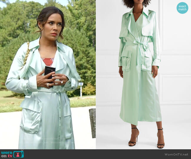 Michael Lo Sordo Silk-Satin Trench Coat worn by Cristal Jennings (Daniella Alonso) on Dynasty
