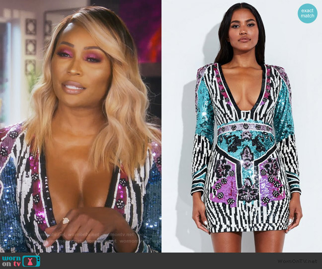 Peace + Love Print Embellished Mini Dress worn by Cynthia Bailey on The Real Housewives of Atlanta