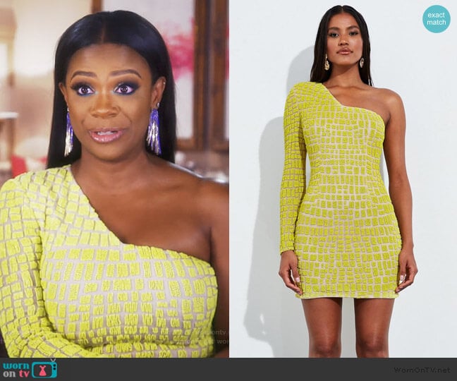 Peace + Love Yellow Bead Embellished One Shoulder Mini Dress worn by Kandi Burruss on The Real Housewives of Atlanta