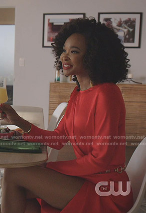 Monica’s red asymmetric midi dress on Dynasty