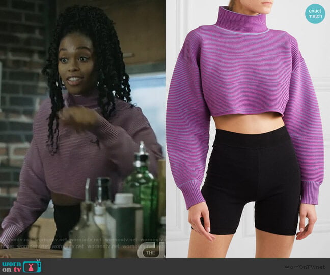 Nagnata + NET SUSTAIN cropped ribbed organic cotton sweater worn by Anissa Pierce (Nafessa Williams) on Black Lightning
