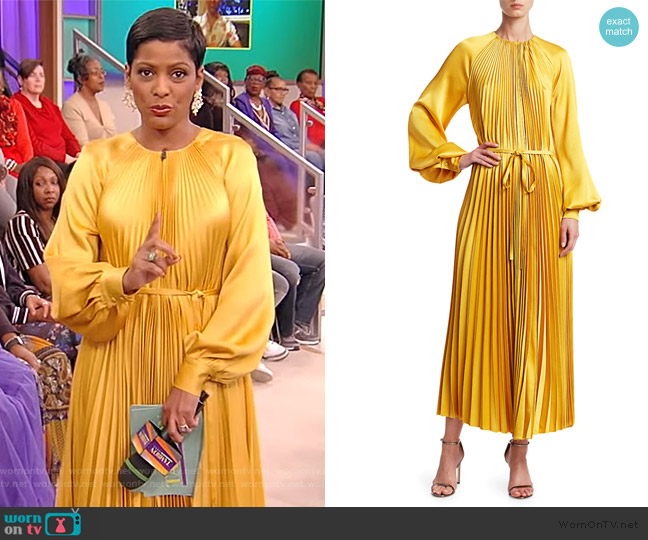 Oscar de la Renta Puff-Sleeve Satin Pleated Tie-Front Dress worn by Tamron Hall on Tamron Hall Show