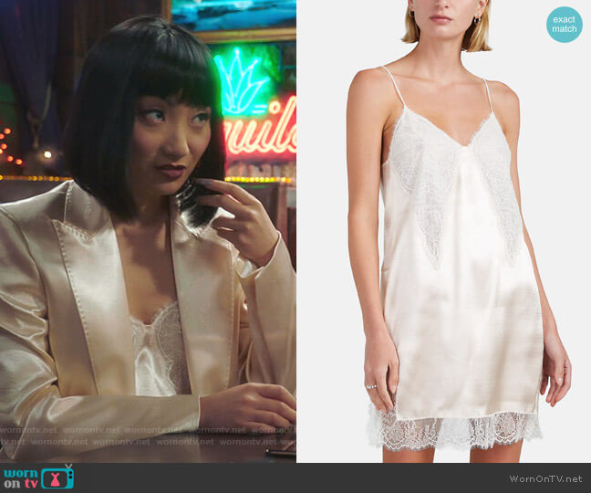 Philosophy di Lorenzo Serafini Lace-Trimmed Satin Slip Dress worn by Mei Lin (Poppy Liu) on Sunnyside