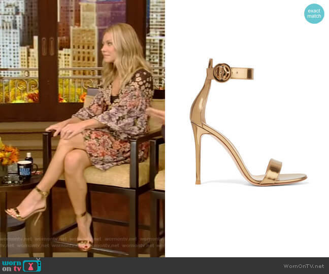 Gianvito Rossi Portofino Metallic Leather Sandals worn by Kelly Ripa on Live with Kelly and Mark