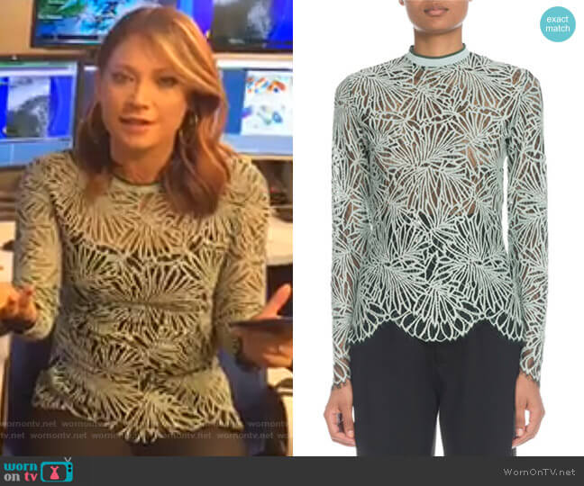 Proenza Schouler Mock-Neck Long-Sleeve Lace Blouse worn by Ginger Zee on Good Morning America
