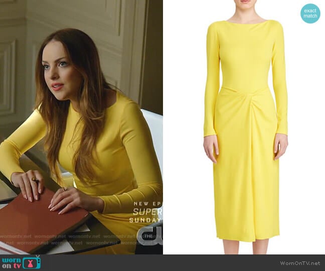 Ralph Lauren Collection Nigel Twisted-Waist Mid Dress worn by Fallon Carrington (Elizabeth Gillies) on Dynasty