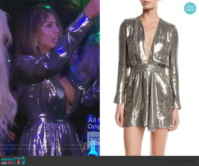 Ramy Brook Shaina Plunging Metallic Short Dress worn by Kelly Dodd on The Real Housewives of Orange County